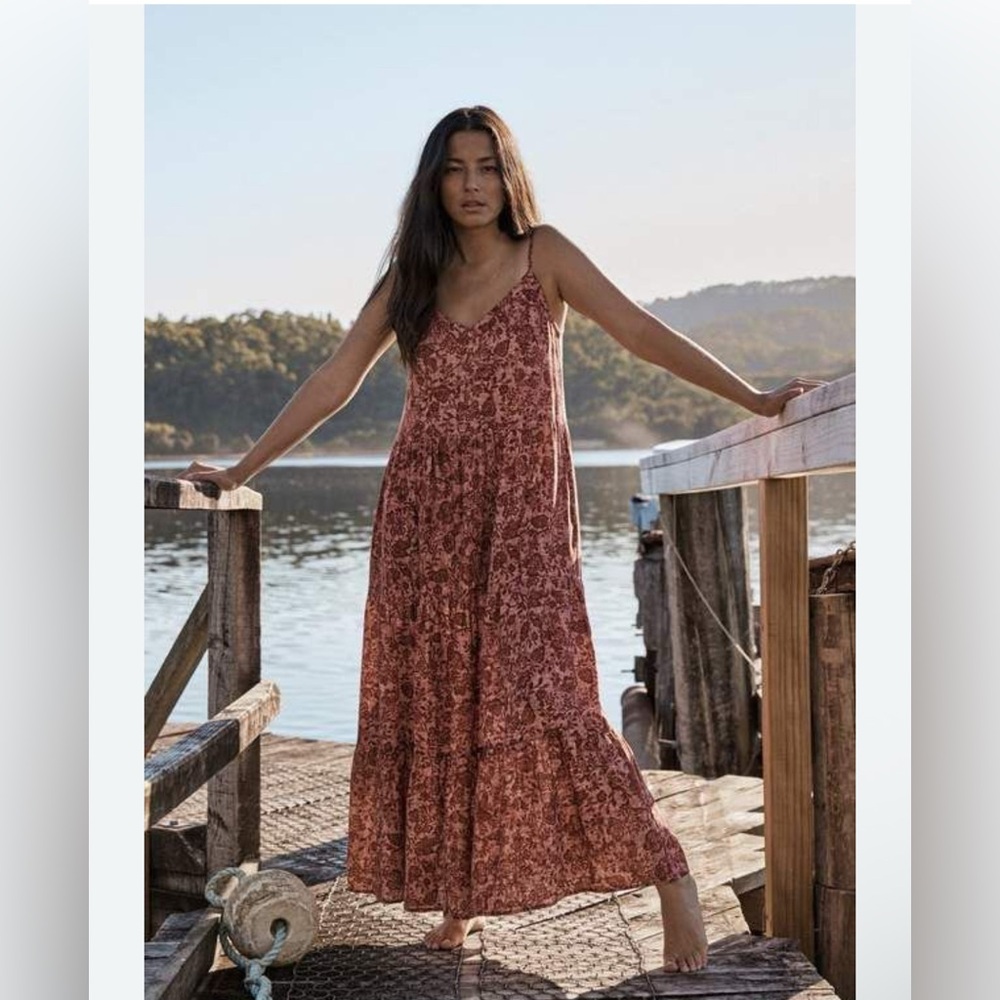 AUGUSTE THE LABEL floral linen blend maxi dress bohemian pink red cottagecore